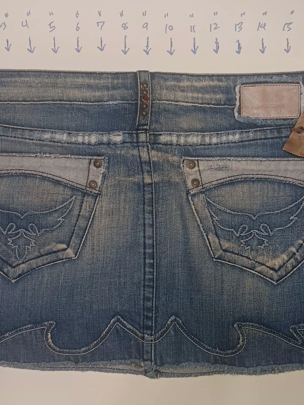 Robin's Jean Blue Distressed Denim Mini Skirt with Brown Leather Tag